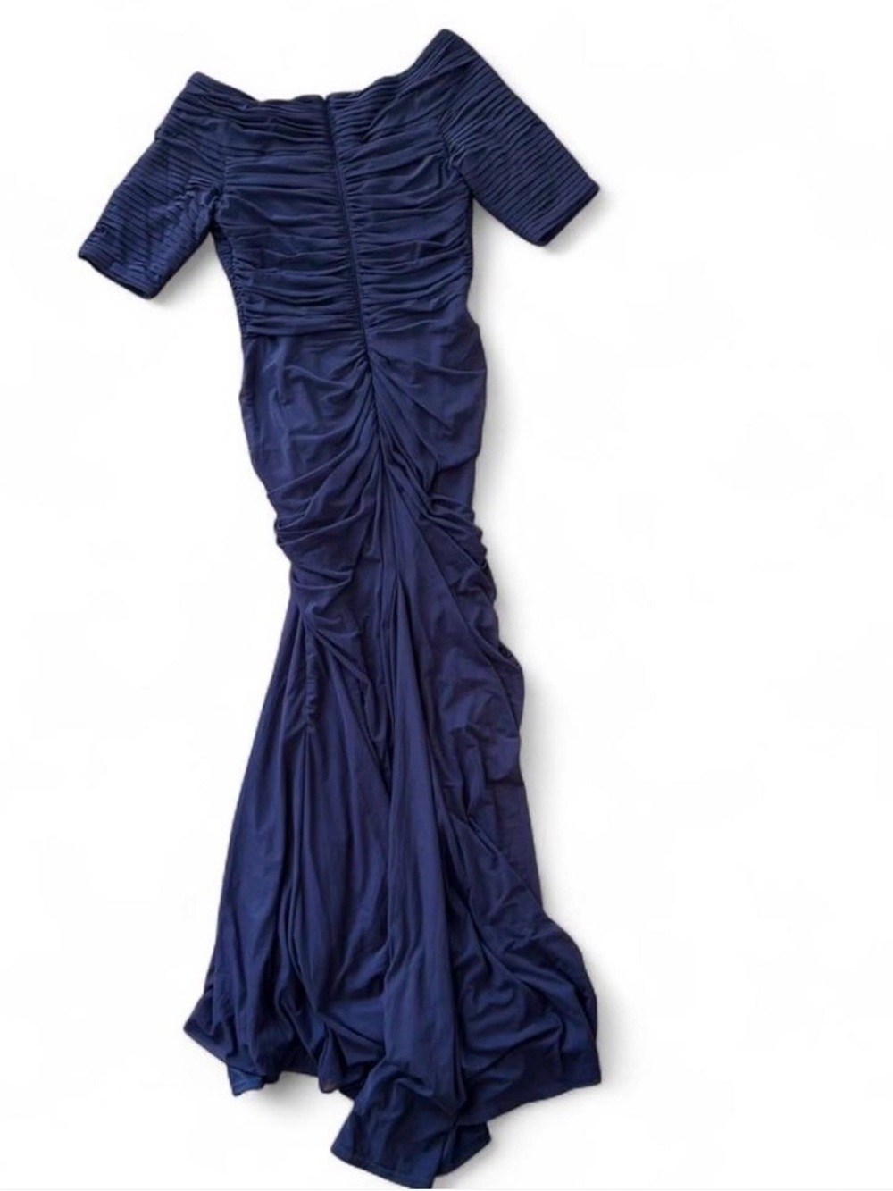 Tadashi Shoji Navy Ruched Draped Off Shoulder Formal Gown Size Small - Picture 7 of 8